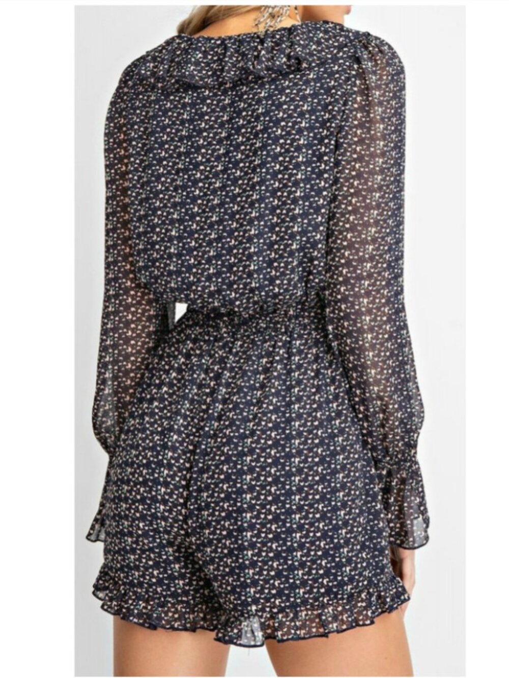 Easel Los Angeles Orange Geometric Ruffle Long Sleeve Romper Shorts Size Large - Picture 9 of 10